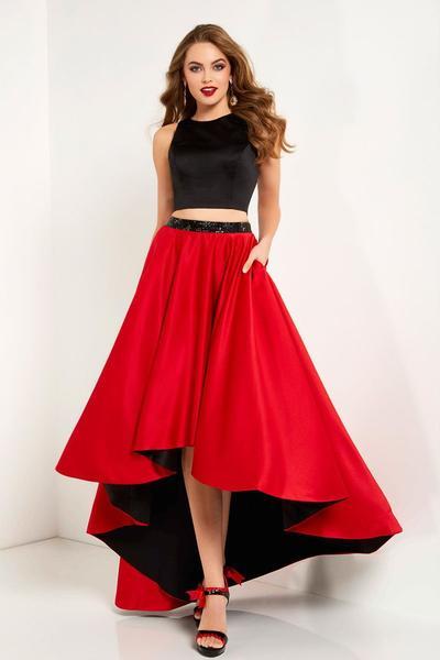 Studio 17 - Two Piece Satin Beaded High Low A-line Dress 12671 In Red and Black