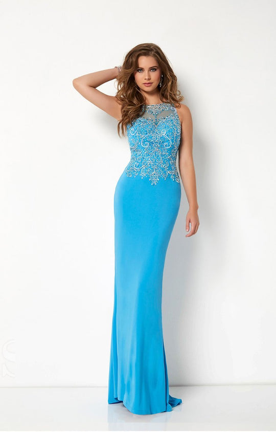 Studio 17 - 12672 Bedazzled Illusion Halter Jersey Sheath Dress In Blue