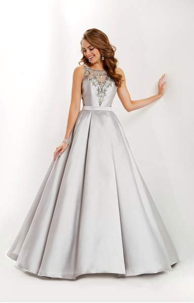 Studio 17 - Beaded Illusion Halter Pleated Mikado Ballgown 12676 In Silver