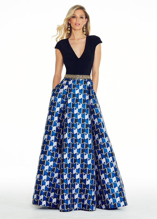 Ashley Lauren - 1268 Royal Blue Geometric Ballgown in Black and Multi-Color