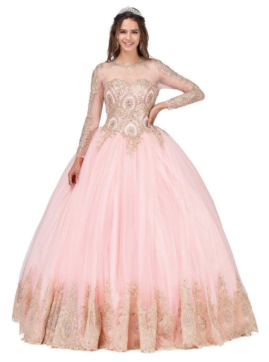 Dancing Queen - 1270 Gilded Long Sleeve Quinceanera Ballgown In Pink