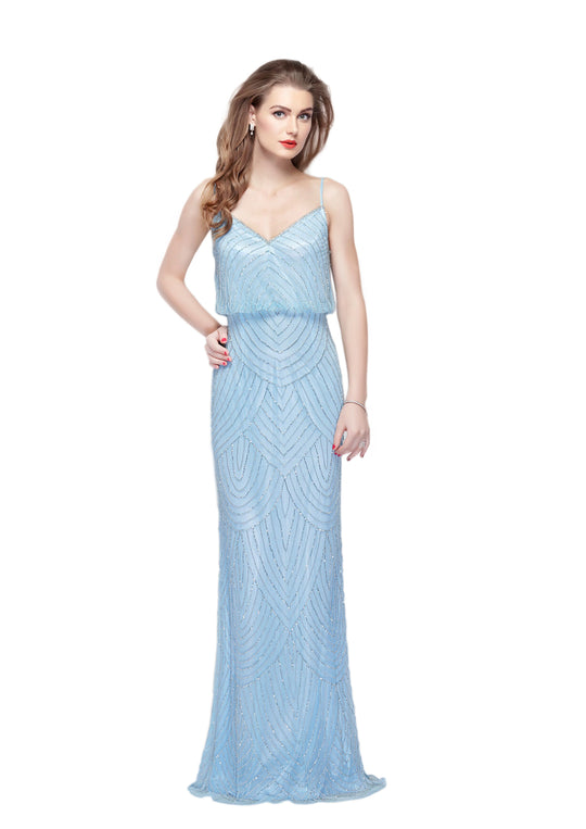 Primavera - 1270 Scalloped Blouson Sheath Gown in Blue