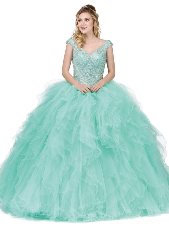 Dancing Queen - 1273 Crystal Adorned Cap Sleeve Quinceanera Ballgown in Green