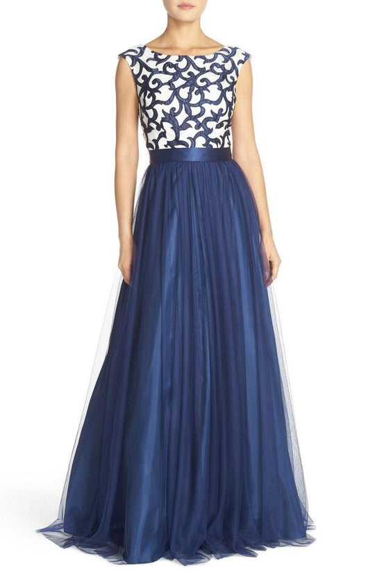 Aidan Mattox - Bateau Long Dress 54472070 in Blue and White