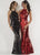 Studio 17 - 12757 Pieties Sequined Halter Evening Gown In Black and Red