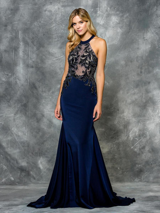 Colors Dress - 1616 Sheer Sleeveless Halter Trumpet Gown in Blue