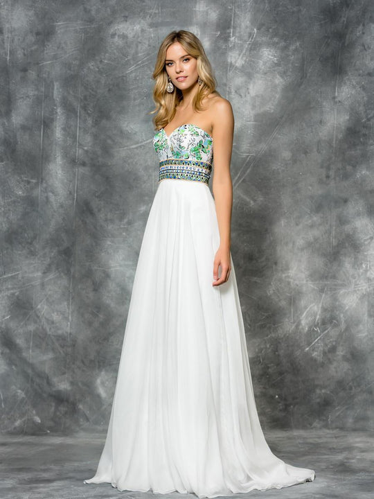 Colors Dress - 1626 Strapless Graphic Print Empire Chiffon Gown in White and Green