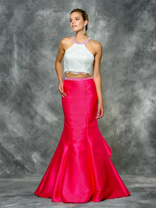 Colors Dress - 1641 Embroidered Halter Neck Mermaid Dress in White and Pink