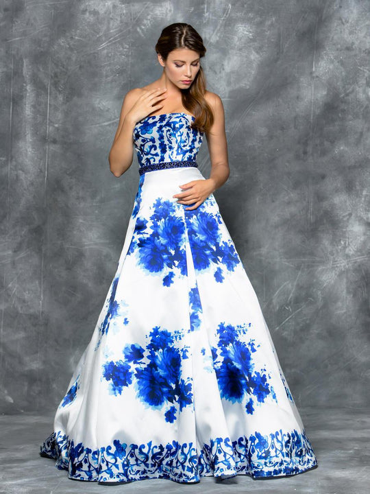 Colors Dress - 1644 Strapless Floral Embellished Ballgown in Blue