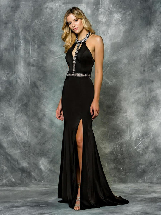 Colors Dress - 1650 Bejeweled Halter Neck Sheath Dress in Black