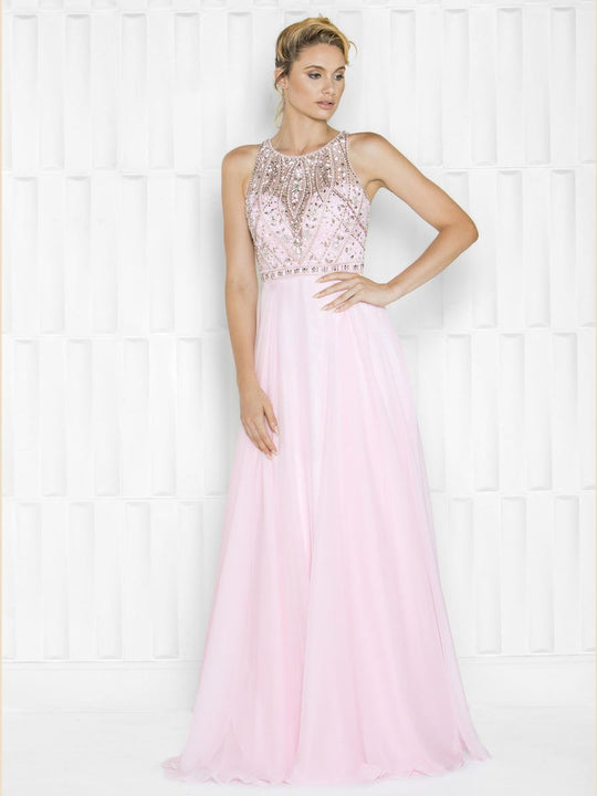 Colors Dress - 1657 Illusion Halter Neck A-Line Dress in Pink