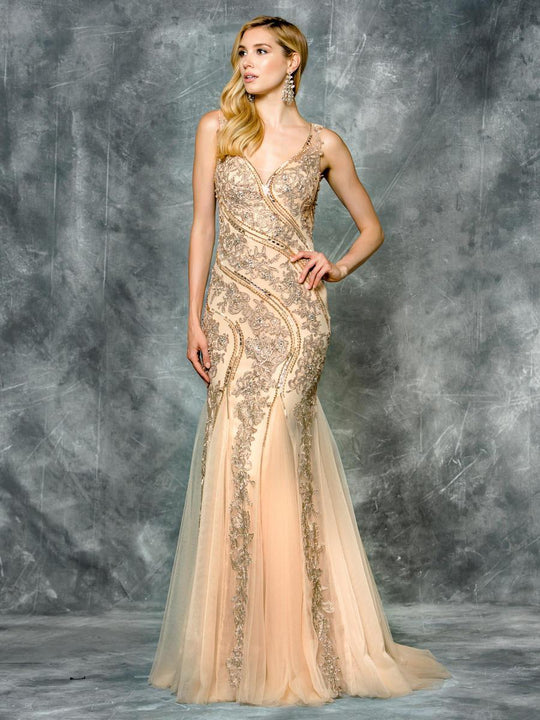 Colors Dress - 1659 Lace V-Neck Mermaid Dress in Neutral