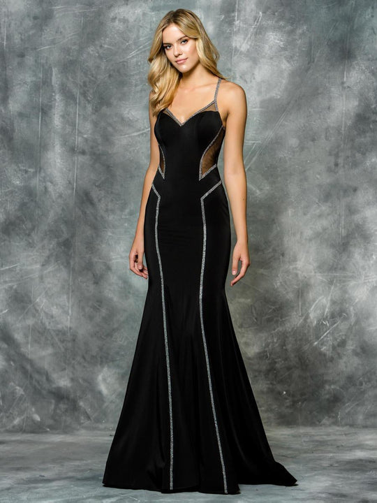 Colors Dress - 1666 Sleeveless V Neck Sheer Trumpet Gown in Black