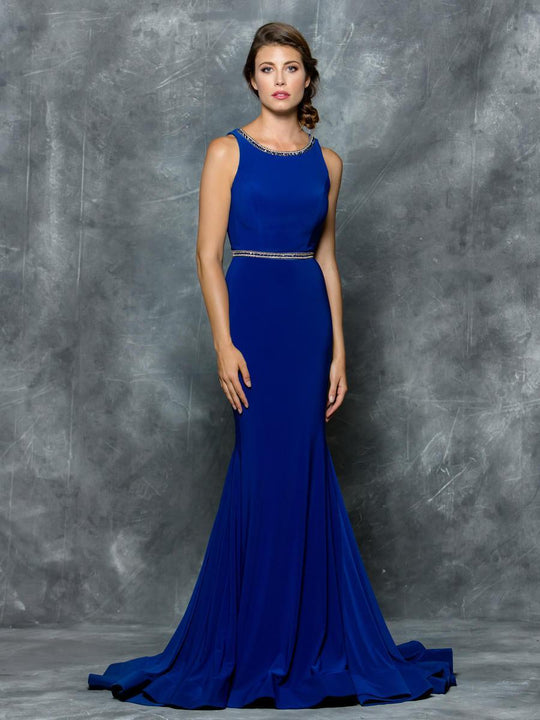 Colors Dress - 1671 Bedazzled Scoop Trumpet Dress in Blue