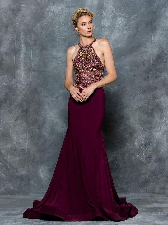 Colors Dress - 1674 Embellished Halter Trumpet Gown in Red