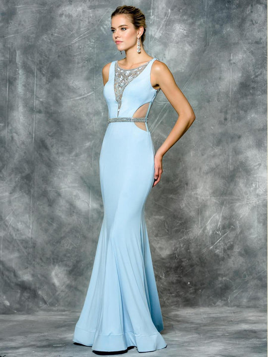 Colors Dress - 1678 Sleeveless Sheer Embellished Long Gown in Blue