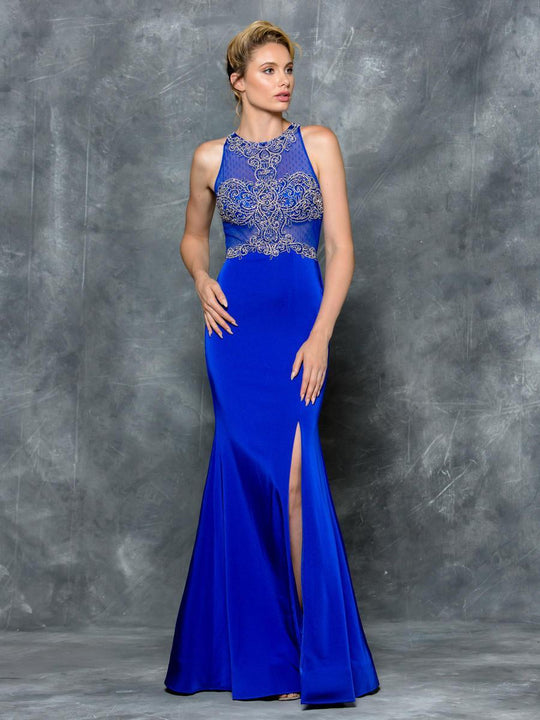 Colors Dress - 1679 Embroidered Lace Halter Long Gown with Slit in Blue