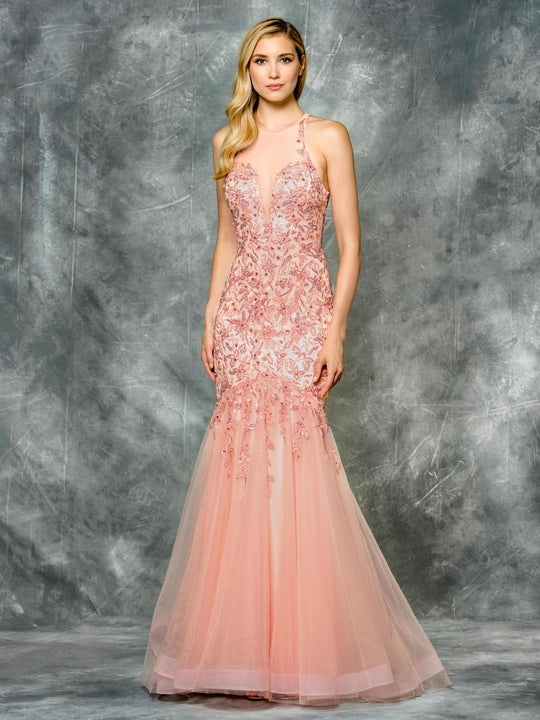 Colors Dress - 1698 Embellished Illusion Halter Mermaid Dress in Pink