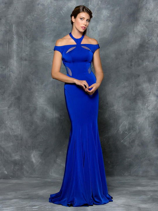 Colors Dress - 1704 Illusion Halter/Off shoulder Neck Sheath Dress in Blue