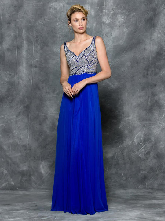 Colors Dress - 1706 Embellished V-Neck A-Line Dress in Blue