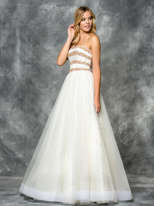 Colors Dress - 1718 Strapless Striped Mesh and Lace Dress in Coral and White