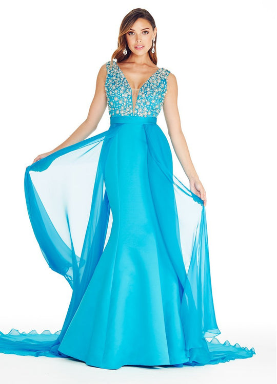 Ashley Lauren - 1277 Plunging Evening Dress with Overskirt in Blue