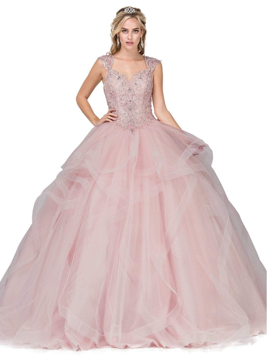 Dancing Queen - 1278 Sweetheart Cap Sleeves Ruffled Quinceanera Gown in Pink