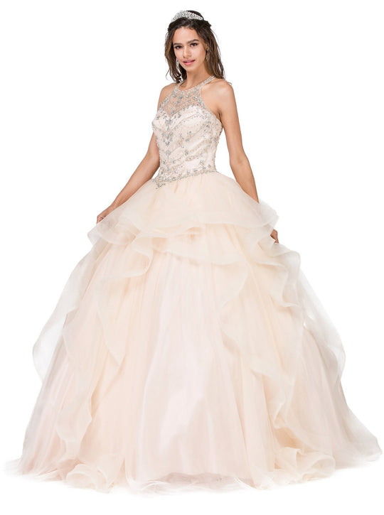 Dancing Queen - 1279 Illusion Halter Ruffled Quinceanera Gown in Neutral