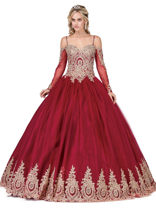 Dancing Queen - 1282 Appliqued Long Sleeves Quinceanera Gown in Red