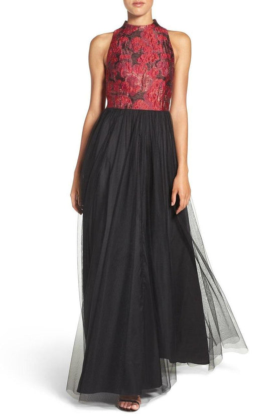 Aidan Mattox - High Neckline Jacquard Bodice Evening Dress MN1E200418 in Red and Multi-Color