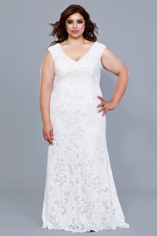 Shail K - 1283W Bedazzled V-neck Empire Waist Sheath Dress In White