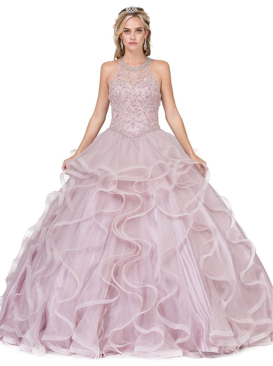 Dancing Queen - 1285 Embellished Halter Ruffled Quinceanera Ballgown In Pink