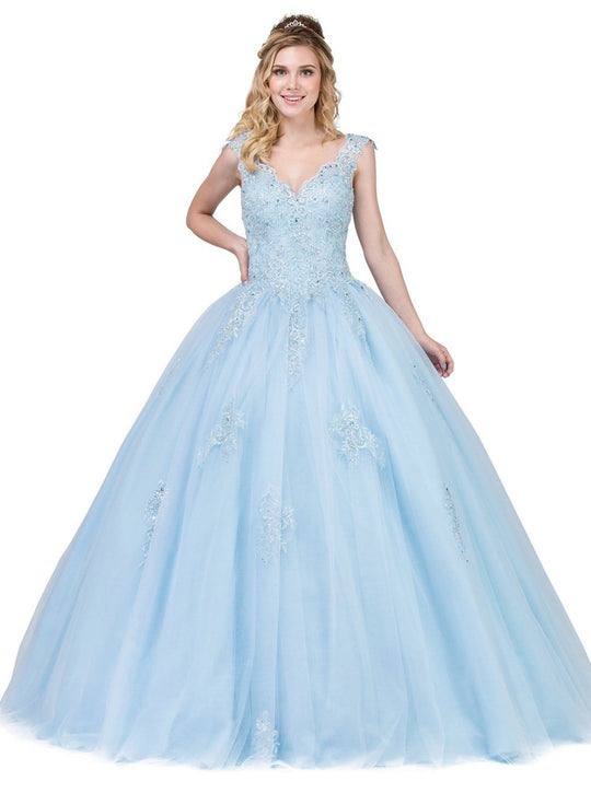 Dancing Queen - 1287 Scallop Trimmed Cap Sleeve Lace Ballgown In Blue