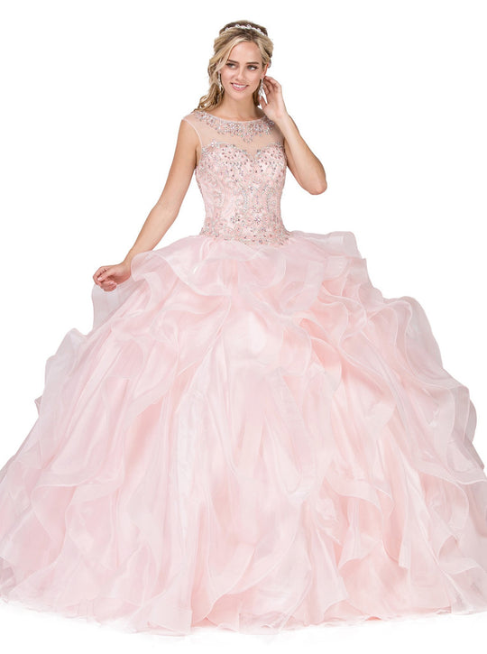 Dancing Queen - 1288 Bedazzled Bateau Ruffled Quinceanera Ballgown In Pink