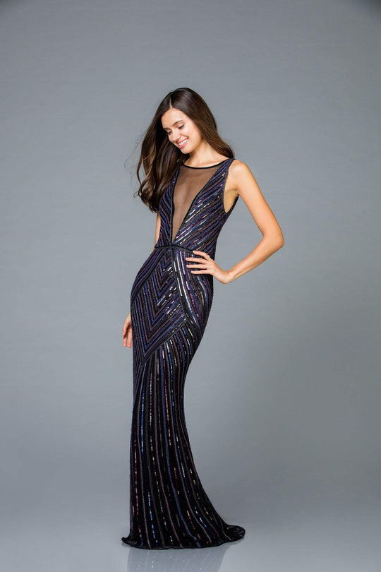 Scala - 60003 Beaded Illusion Bateau Sheath Dress In Blue