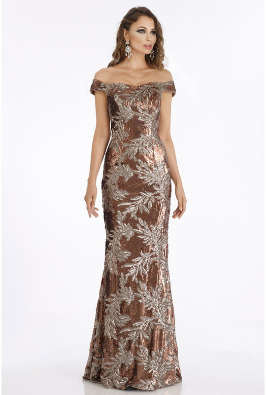 Gia Franco - Foliage Sequined Off-Shoulder Trumpet Dress 12903 In Brown