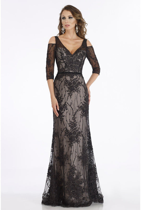 Gia Franco - 12904 Applique Plunging V-neck Trumpet Dress In Black