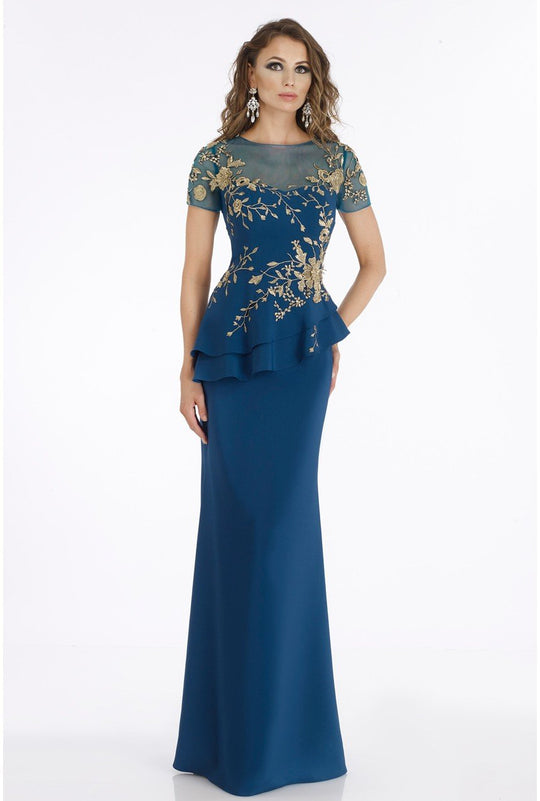 Gia Franco - Short Sleeve Floral Embroidered Peplum Dress 12913  In Blue