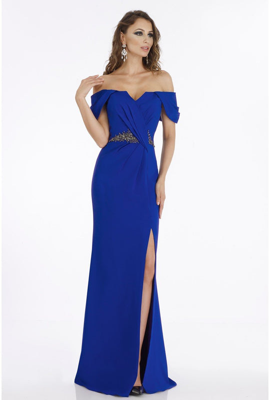 Gia Franco - 12915 Pleated Off-Shoulder Gown with Slit In Blue