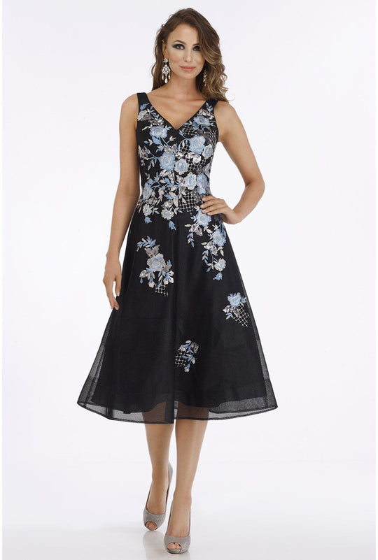 Gia Franco - 12918 Floral Embroidered V-neck A-line Dress In Black and Blue