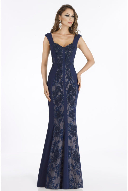 Gia Franco - 12919 Lace Plunging V-neck Trumpet Dress In Blue