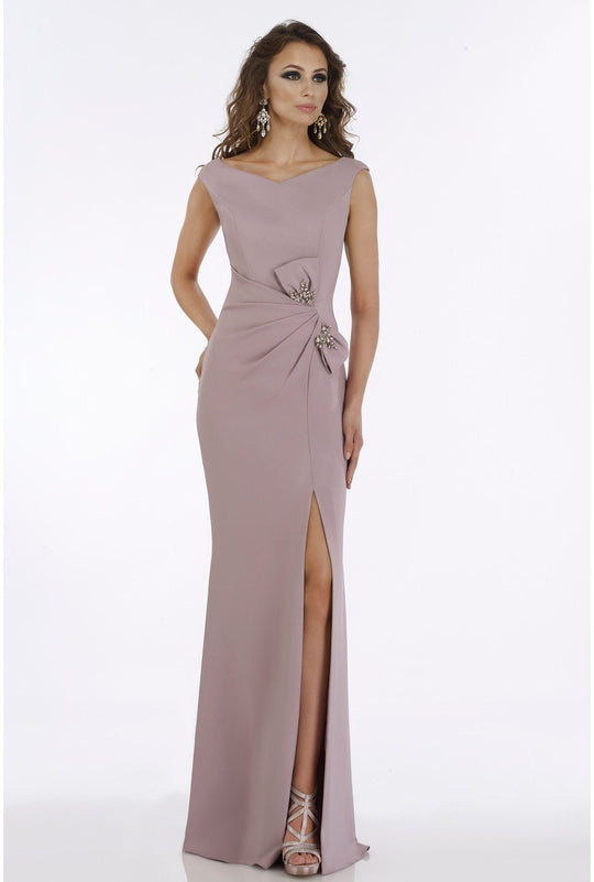 Gia Franco - 12921 Embellished Bateau Trumpet Dress With Slit In Brown