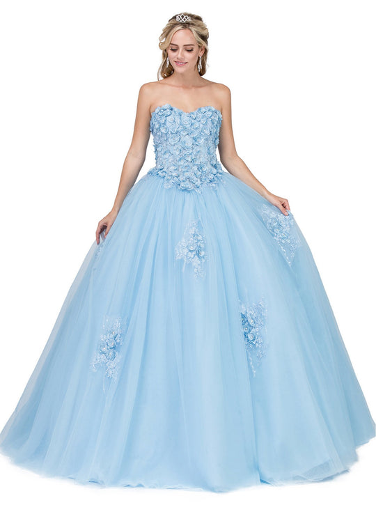 Dancing Queen - 1296 Floral Applique Sweetheart Quinceanera Ballgown In Blue