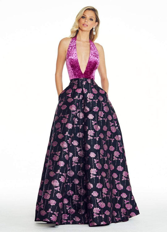 Ashley Lauren - 1296 Velvet Deep Halter Brocade Ballgown in Purple and Multi-Color