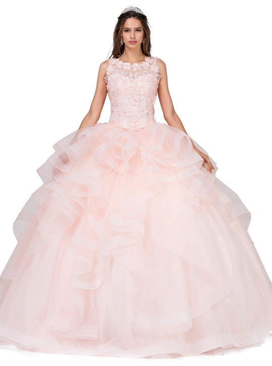 Dancing Queen - 1297 Floral Lace Jewel Layered Quinceanera Ballgown In Pink