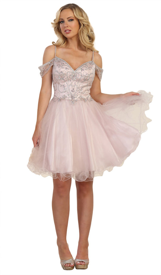 May Queen - MQ1575 Cold Shoulder Crystal Adorned A-Line Party Dress in Pink