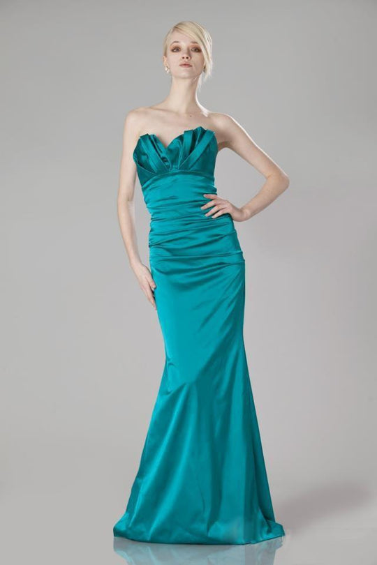 Theia - 881705 Strapless Origami Ruched Satin Sheath Dress in Green