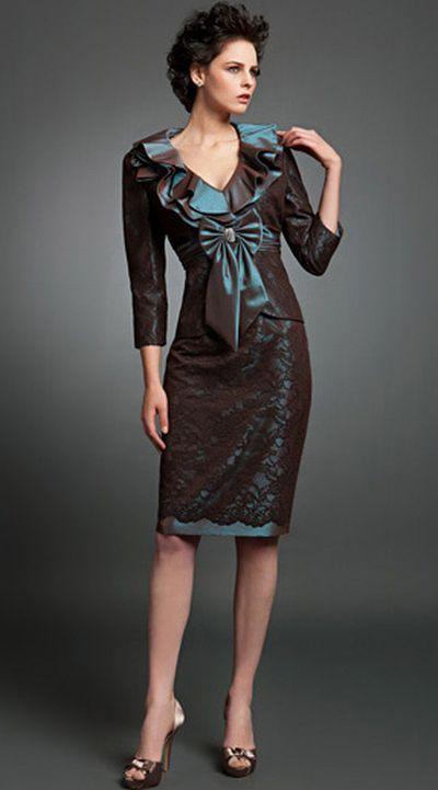 Daymor Couture - Ruffled V Neck Lace Cocktail Dress 214 in Brown