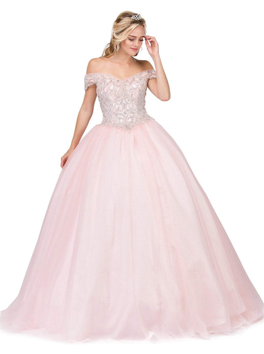 Dancing Queen - 1303 Crystal Beaded Off-Shoulder Quinceanera Ballgown in Pink
