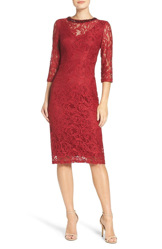 London Times - L2027M Embellished Illusion Lace Dress in Red